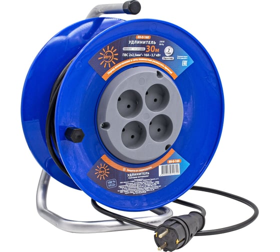 Изображение товара Силовой удлинитель на катушке Very 4 розетки, ПВС 2x2,5мм², 16А, 3,7кВт, без заземления, 30м, (шт.) 89-0-160