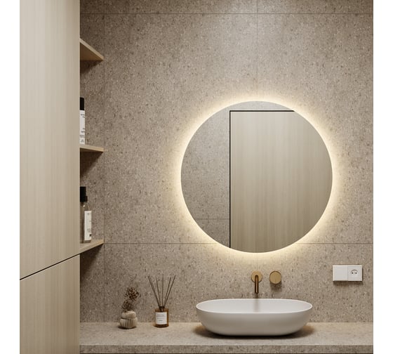 Изображение товара Безрамное круголое зеркало GENGLASS RAUNTEL NF LED M, контурная теплая подсветка с проводом GGL-03-M-3000-1