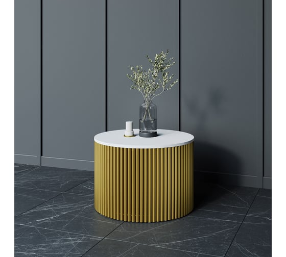 Изображение товара Журнальный стол GENGLASS круглый с металлическим подстольем 600x600 мм, TRUBIS Wood, золотое подстолье, белая столешница 60 см GGT-03-1-3-M-60