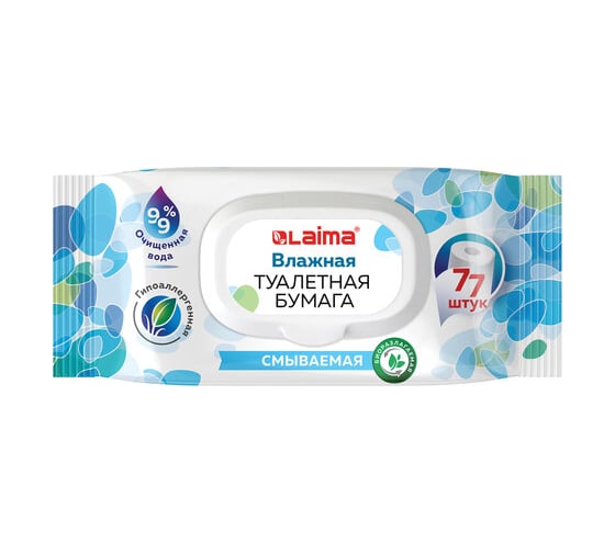 Изображение товара Туалетная влажная бумага LAIMA 77 шт., биоразлагаемая, смываемая, с пластиковым клапаном 115224