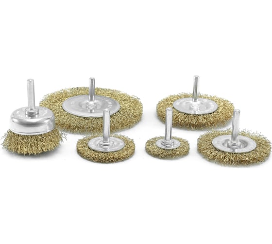 Изображение товара Набор щеток со шпильками 6 предметов плоские 40, 50, 65, 75, 100 мм и чашка 50 мм, латунированные Pobedit 2134006
