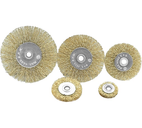 Изображение товара Набор щеток-крацовок со шпильками 5 шт, плоские 25, 38, 50, 63, 75 мм, латунированные Pobedit 2134002