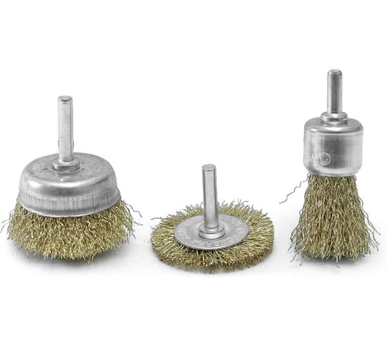 Изображение товара Набор щеток крацовок для дрели 3 шт, плоская 50 мм + чашки 25 и 50 мм, латунированные Pobedit 2134003