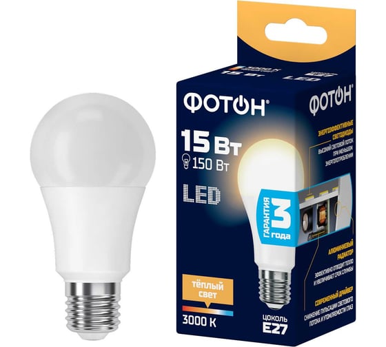Изображение товара Светодиодная лампа ФОТОН LED A60 15Вт E27 3000K теплый свет 22628