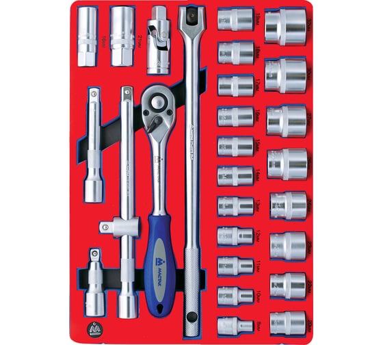 Изображение товара Набор торцевых головок с принадлежностями МАСТАК 1/2" шестигранные, ложемент, 28 предметов 5-004028