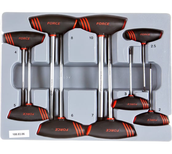 Изображение товара Набор шлицевых 6-гранных ключей с Т-образной ручкой 9 предметов FORCE 2097