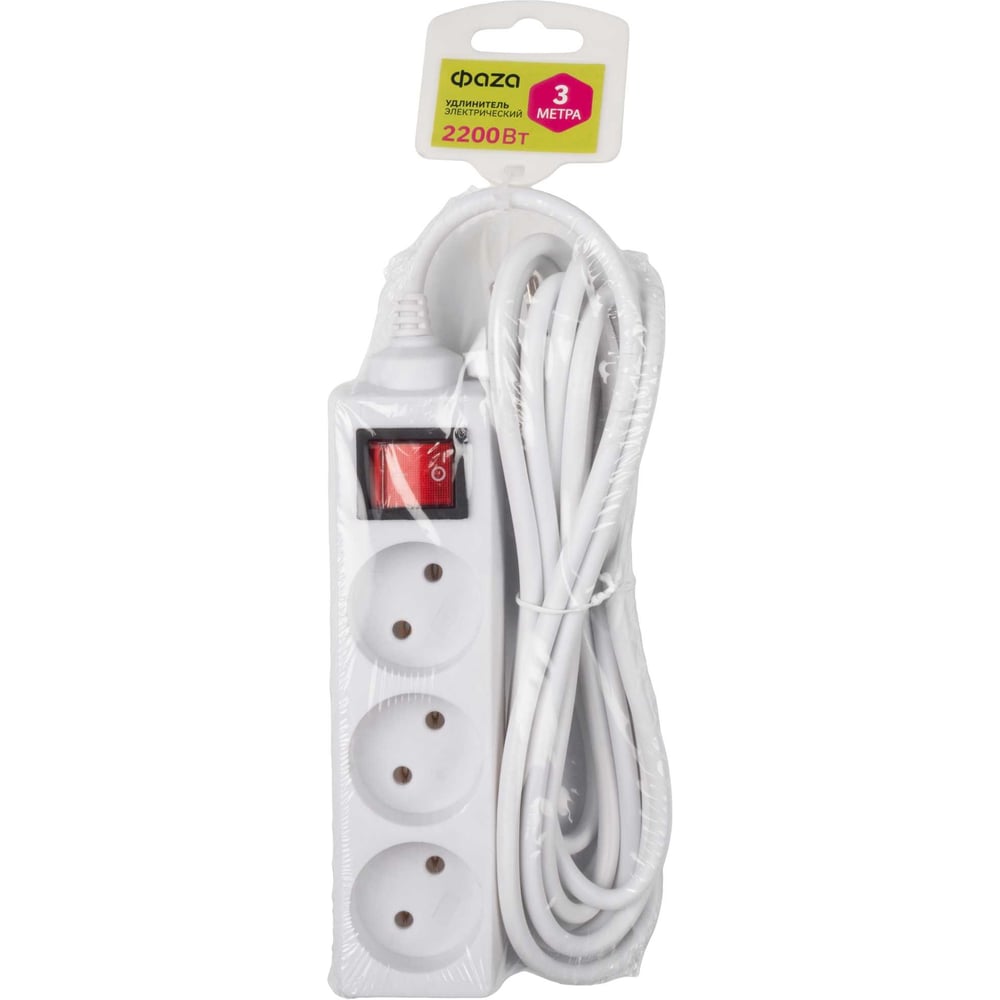 Изображение товара Удлинитель ФАZА FS075-03-300 3 метра 2.2 кВт с выключателем и 3 розетками