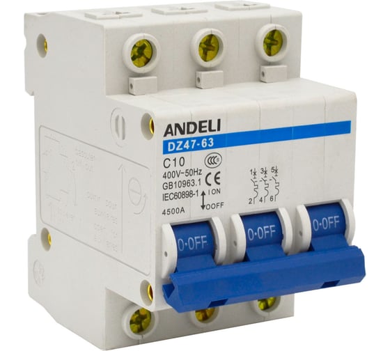 Изображение товара Автоматический выключатель ANDELI DZ47-63/3P 10A 4.5kA тип C ADL01-091