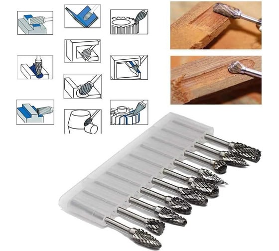 Изображение товара Набор бор-фрез из карбида вольфрама 6 мм, хв-к 3 мм, 10 шт Genler 25009
