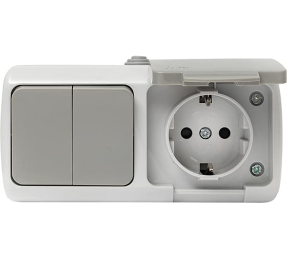 Изображение товара Блок розетка 1-м 16А с заземлением с крышкой и 2-кл выключатель EKF Мурманск IP54 серый EFRV16-052-30-540