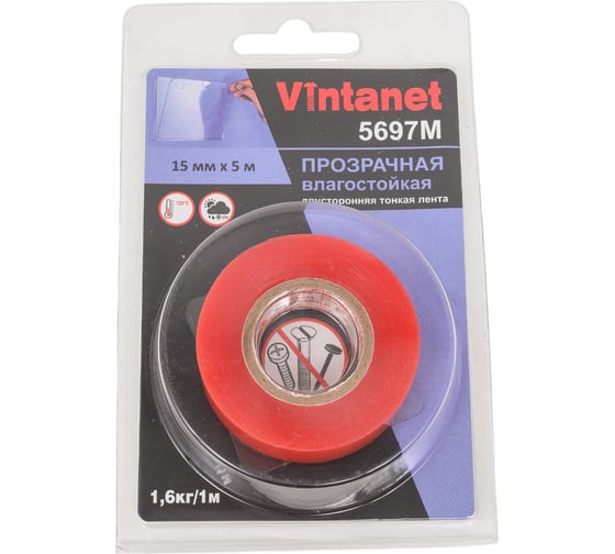 Изображение товара Двусторонняя лента на ПЭТ основе VINTANET 5697М, прозрачная, влагостойкая, 15 мм, 5 м 5697M 15MMX5M