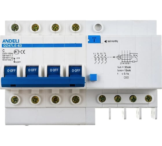 Изображение товара Дифференциальный автомат ANDELI DZ47LE-63 4P 10A 30mA тип AC х-ка С ADL02-009