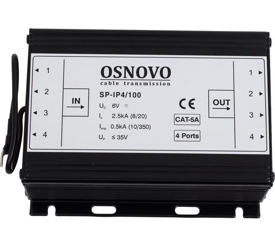 Изображение товара Устройство грозозащиты для локальной вычислительной сети на 4 порта OSNOVO SP-IP4/100 (скорость до 100 Мб/с) Защищаемые контакты 1/2, 3/6 sct1010