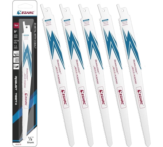 Изображение товара Кобальтовые полотна по древесине с гвоздями, металлу и дереву 225 мм, 10/14TPI, 5 шт для сабельной пилы Ezarc 802019