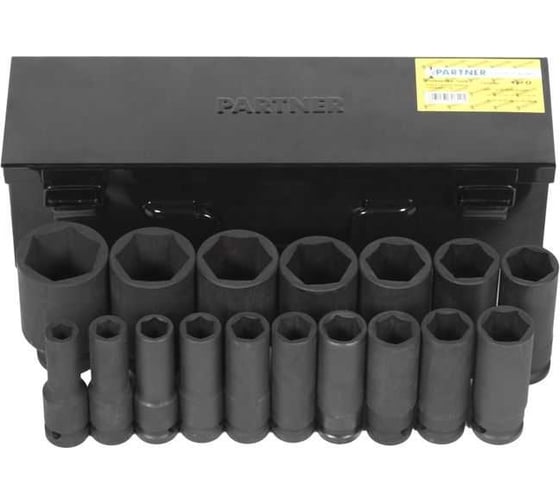 Изображение товара Набор головок ударных глубоких 17 предметов, 1/2"DR (10, 12-19, 21, 22, 24, 27, 30, 32, 34, 36 мм) в кейсе Partner PA-417782MPB(15212)