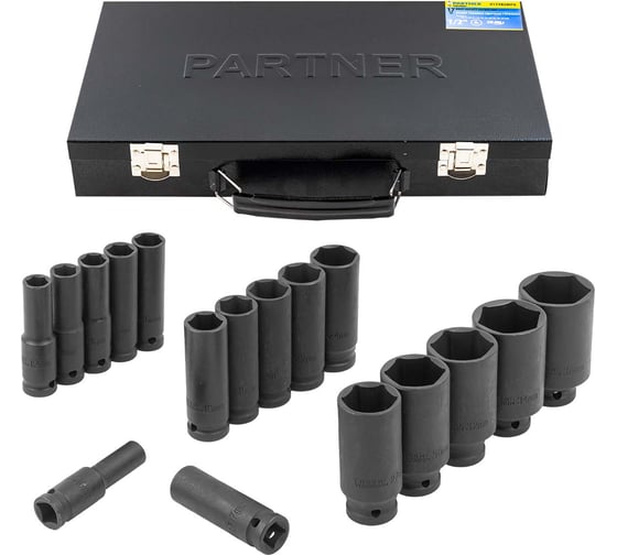 Изображение товара Набор головок ударных глубоких 17 предметов, 1/2"DR (10, 12-19, 21, 22, 24, 27, 30, 32, 34, 36 мм) в кейсе Partner PA-417782MPB(15212)