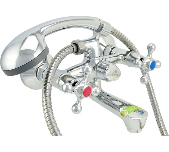 Изображение товара Ванно-душевой двуручный смеситель Eleanti со шлангом, хромированной лейкой и кронштейном 0402.896