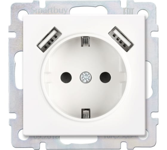 Изображение товара Розетка Smartbuy с заземлением и 2-мя USB 16А белая Нептун SBE-05w-16-S1-USB