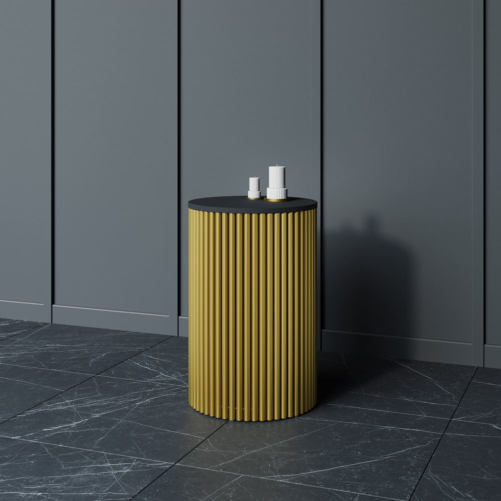 Изображение товара Журнальный столик GENGLASS круглый с металлическим подстольем 400x400 мм, TRUBIS Wood, золотое подстолье, черная столешница 40 см GGT-03-1-2-S-40