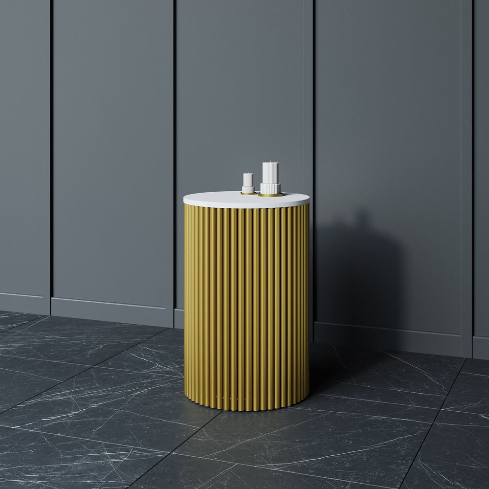 Изображение товара Журнальный столик GENGLASS круглый с металлическим подстольем 400x400 мм, TRUBIS Wood, золотое подстолье, белая столешница 40 см GGT-03-1-3-S-40