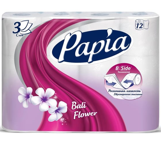Изображение товара Туалетная бумага  PAPIA Балийский Цветок 3 слоя, 12 рулонов 1015031402 1015031402 1015032475