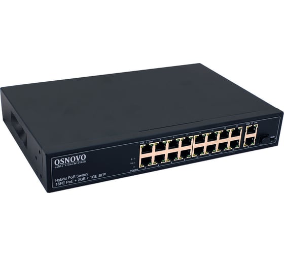Изображение товара PoE коммутатор OSNOVO SW-61621(300W) Fast Ethernet на 16 x RJ45 PoE + 2 x RJ45 GE + 1 SFP GE портов sct1288
