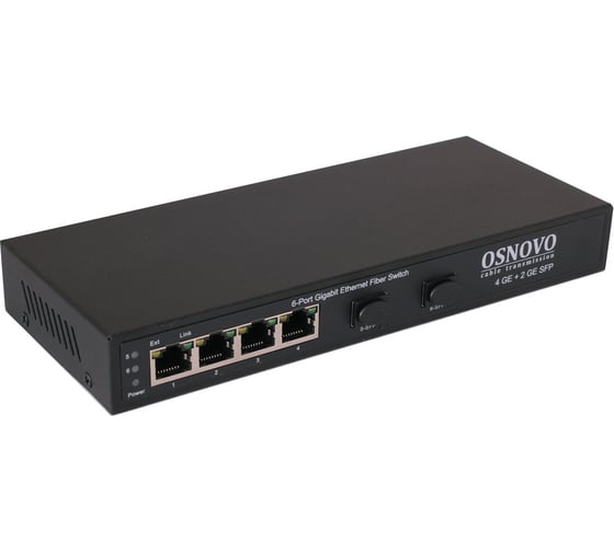 Изображение товара Коммутатор OSNOVO SW-7042 Gigabit Ethernet на 4 RJ45 + 2 SFP. Порты: 4 x GE (10/100/1000Base-T), 2 x GE SFP (1000Base-FX) sct1287