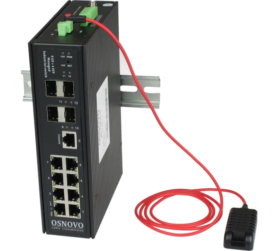 Изображение товара Управляемый (L2+) коммутатор OSNOVO SW-70804/ILS Gigabit Ethernet на 8xRJ45 + 4 SFP порта c датчиком температуры и влажности sct1353