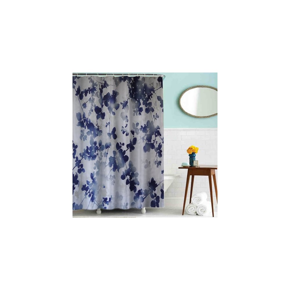 фото Тканевая шторка для ванной комнаты terma mz-84 синие листочки 180х180 см 20854