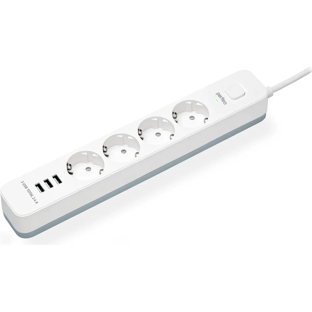 Изображение товара Сетевой фильтр PERFEO POWER STREAM 2500W 2.0 м, 4 розетки, 3 USB, белый 30016450 30016449