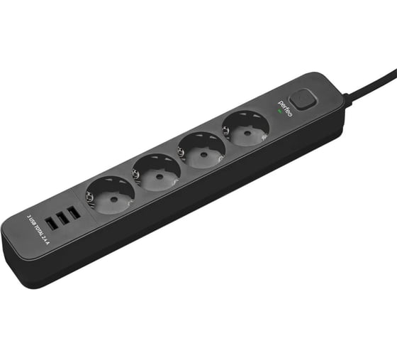 Изображение товара Сетевой фильтр PERFEO POWER STREAM 2500W 2.0 м, 4 розетки, 3 USB, черный 30016438 30016450