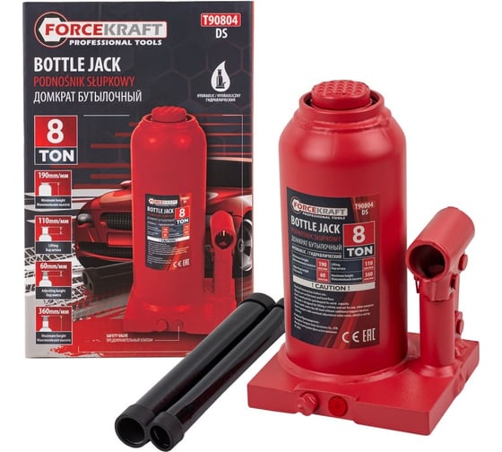 Изображение товара Гидравлический бутылочный домкрат Forcekraft 8 тонн подхват: 190 мм, ход штока: 110 мм, ход винта: 60 мм FK-T90804 DS(26577)