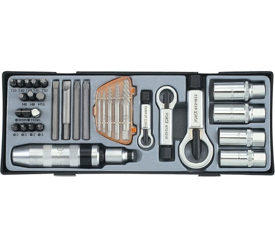 Изображение товара Набор инструмента: ударная отвертка, гайкорез, экстракторы, шпильковерты, биты 33 предмета FORCE T5331