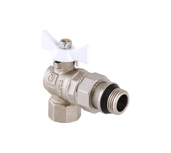 Изображение товара Шаровый кран VALTEC BASE угловой с полусгоном, 1/2 внутренняя-наружная, с дополнительным уплотнением, белая рукоятка VT.228.NRW.04