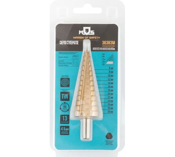 Изображение товара Сверло ступенчатое HSS-Tin по металлу, 13 ступеней, 6-30 мм MOS 36383М