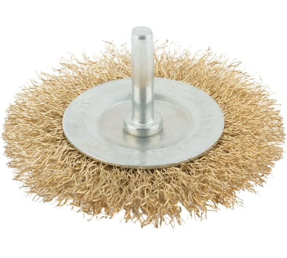 Изображение товара Корщетка, тип "колесо", со штифтом, стальная латунированная волнистая проволока, 75 мм MOS 38484М