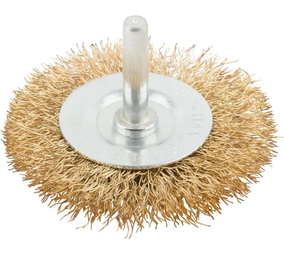 Изображение товара Корщетка, тип "колесо", со штифтом, стальная латунированная волнистая проволока, 65 мм MOS 38483М