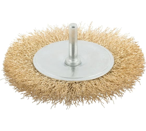 Изображение товара Корщетка, тип "колесо", со штифтом, стальная латунированная волнистая проволока, 100 мм MOS 38485М