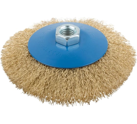 Изображение товара Корщетка, тип "колесо" с наклоном, гайка М14, стальная волнистая латунированная проволока, 125 мм MOS 38928М
