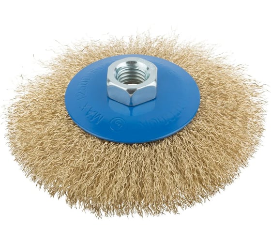 Изображение товара Корщетка, тип "колесо" с наклоном, гайка М14, стальная волнистая латунированная проволока, 115 мм MOS 38927М