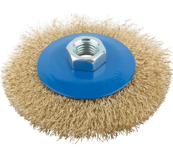 Изображение товара Корщетка, тип "колесо" с наклоном, гайка М14, стальная волнистая латунированная проволока, 100 мм MOS 38926М