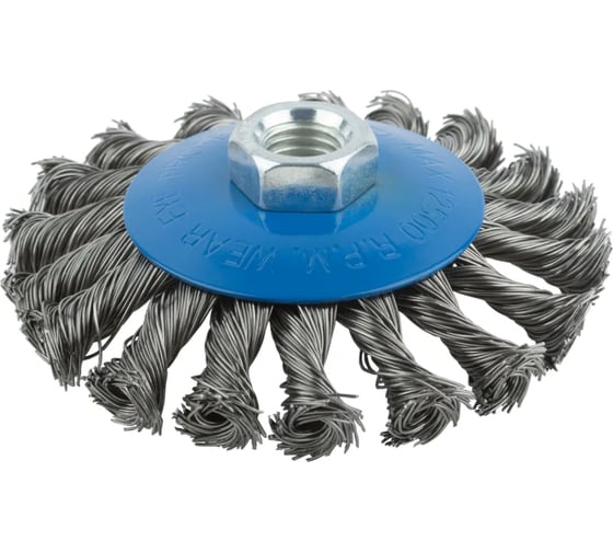 Изображение товара Корщетка, тип "колесо" с наклоном, гайка М14, стальная витая проволока, 100 мм MOS 38936М