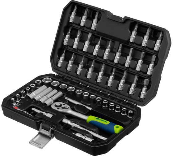 Изображение товара Набор инструментов СИБРТЕХ 1/4", пластиковый кейс 56 предметов 13399