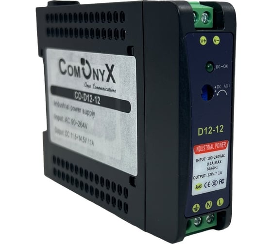 Изображение товара Промышленный блок питания ComOnyx 12В, 1А, 12Вт, с креплением на din рейку, co-d12-12, 200-045