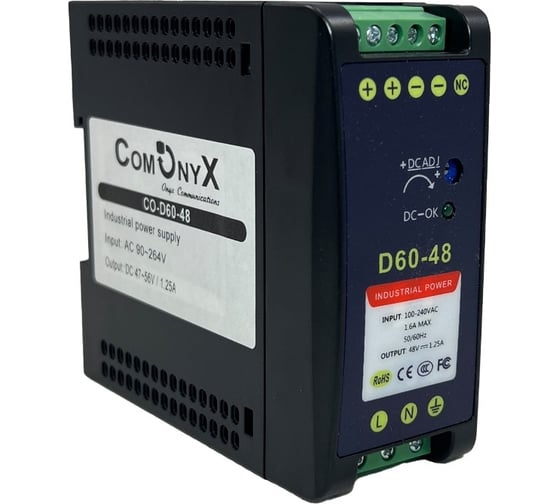Изображение товара Промышленный блок питания ComOnyx 48В, 1,25А, 60Вт, с креплением на din рейку, co-d60-48 200-048