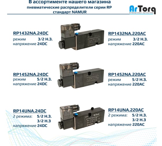 Изображение товара Пневматический распределитель 3/2 Н.З. стандарт ArTorq Архимед NAMUR, соленоидный золотникового типа, G 1/4”, RP1432NA.24DC