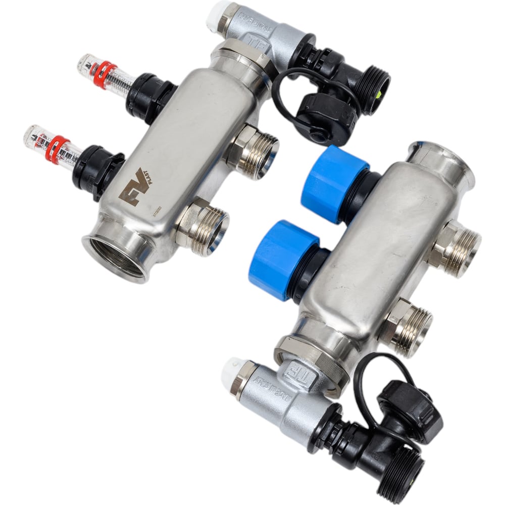 Изображение товара Коллекторная группа из нержавеющей стали 2 выхода с расходомерами воздухоотводчиками и дренажем AA9