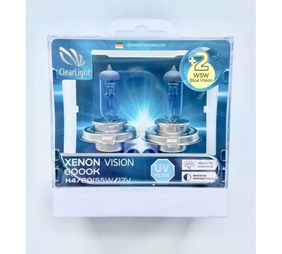Изображение товара Комплект ламп Clearlight h4, 12v, 60/55w, xenonvision 2 шт, w5w blue vision 2 шт MLH4XV+W5W
