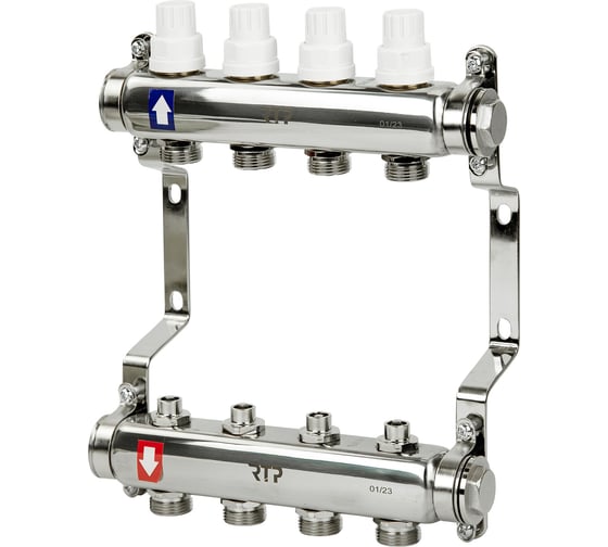 Изображение товара Коллекторная группа с ручными регулирующими клапанами и кронштейном RTP (евроконус 3/4") нержавеющая сталь sus 304 1"х4 выхода, 39458