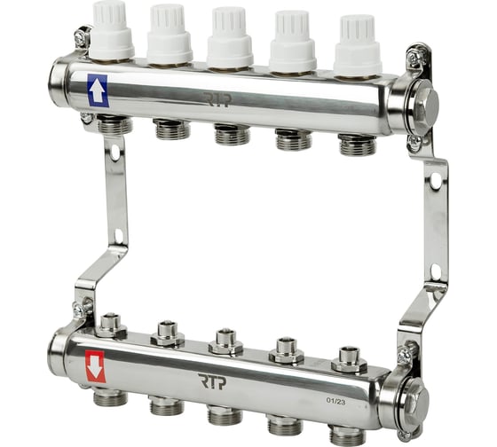 Изображение товара Коллекторная группа с ручными регулирующими клапанами и кронштейном RTP (евроконус 3/4") нержавеющая сталь sus 304 1"х5 выходов, 39459